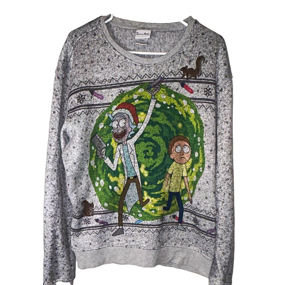 Rick and Morty Men’s Gray Graphic Print Crew Neck Pullover Sweatshirt L